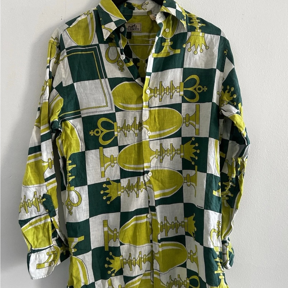 Linen Green and Yellow Chess Pattern Shirt Hermes button up
